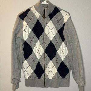 Blue and Gray Argyle Zip Up Sweater